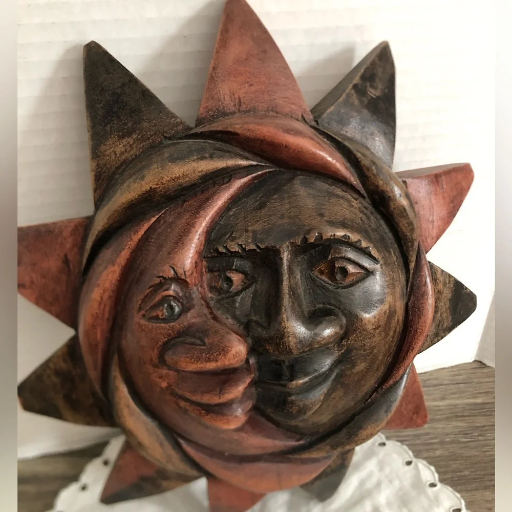 Hand Carved Sun Moon Wood Wall Art - Picture 3 of 10